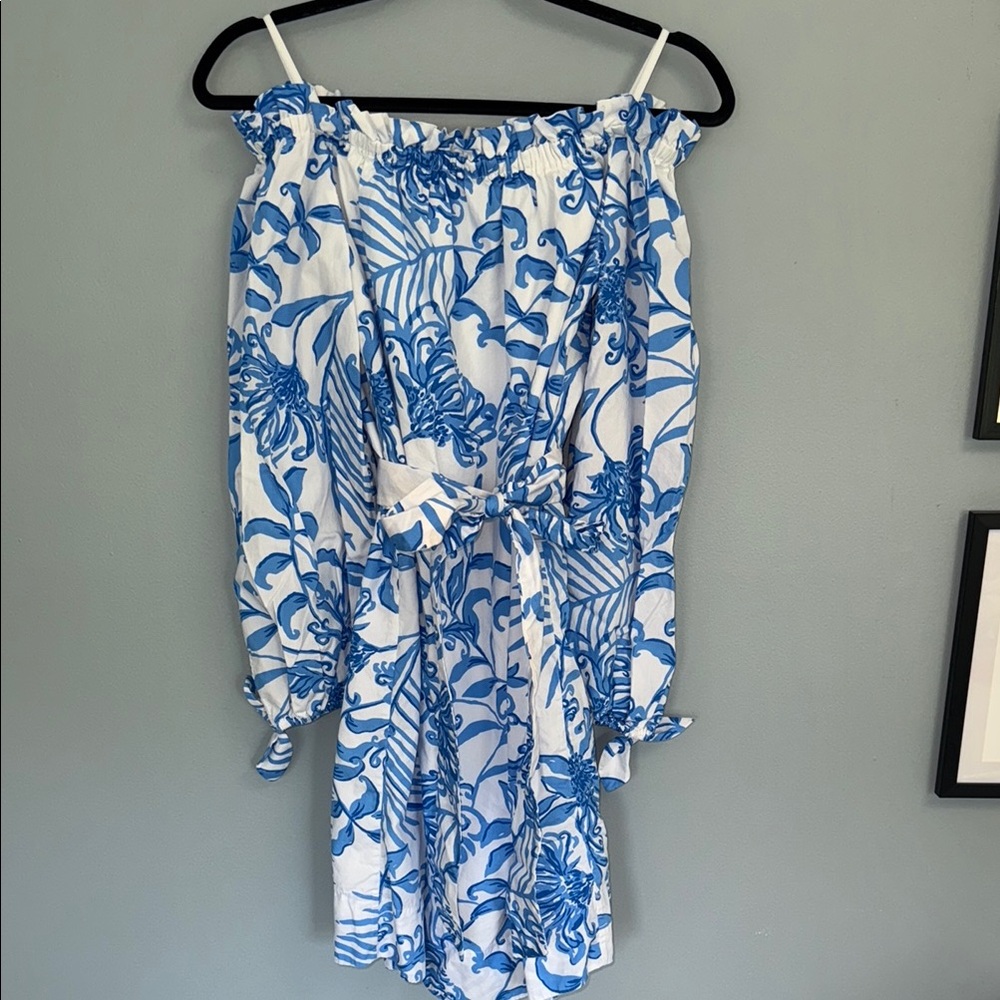 Lilly Pulitzer Off the Shoulder Blue and White Puff Sleeve Dress Size Small - Picture 4 of 4